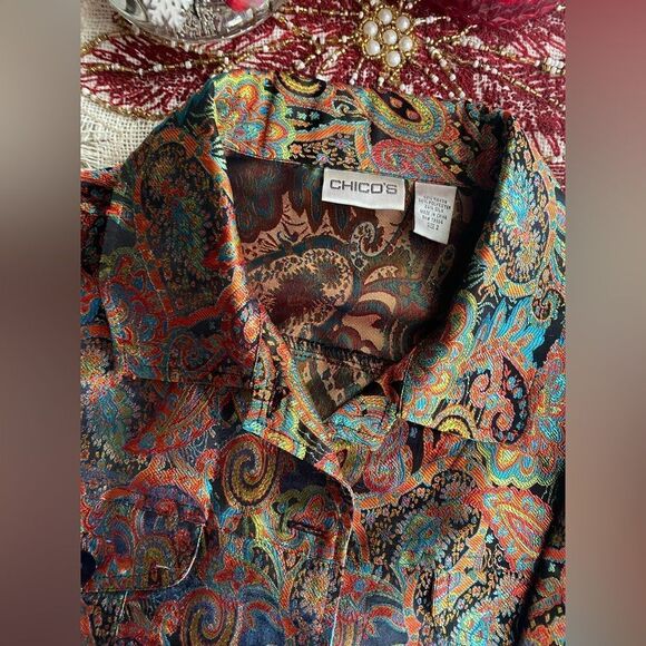 Chico's Jacket Womans Sz M Silk Blend Paisley Multicolor Metallic Button Pocket - Picture 8 of 16